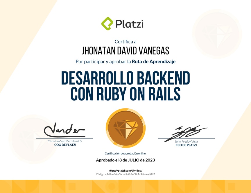 Diploma de la Ruta de Aprendizaje de Desarrollo Web Backend con Ruby on Rails
