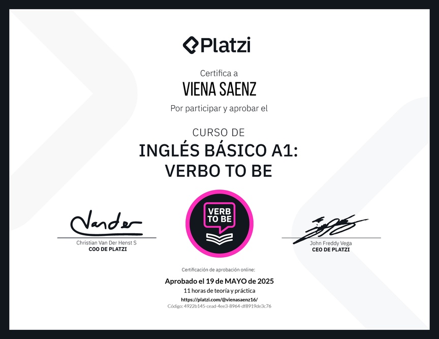 Diploma del Curso de Inglés Básico A1: Verbo To Be