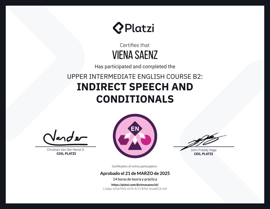 Diploma del Curso de Inglés Intermedio Alto B2: Discurso Indirecto y Condicionales