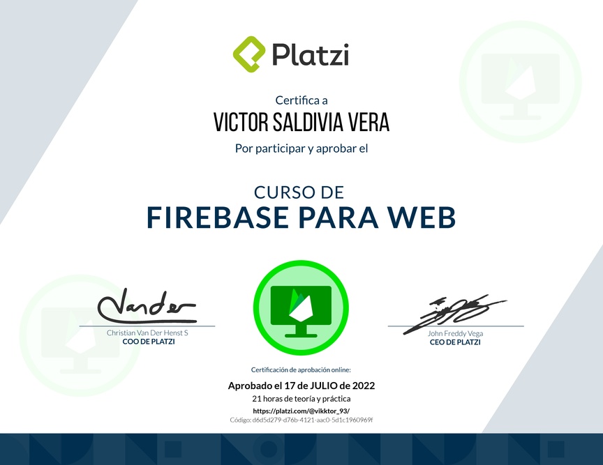 Diploma del Curso de Firebase 5 para Web