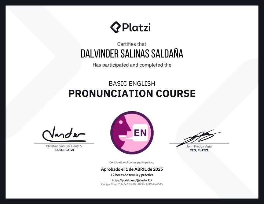 Diploma del Curso Básico de Pronunciación en Inglés