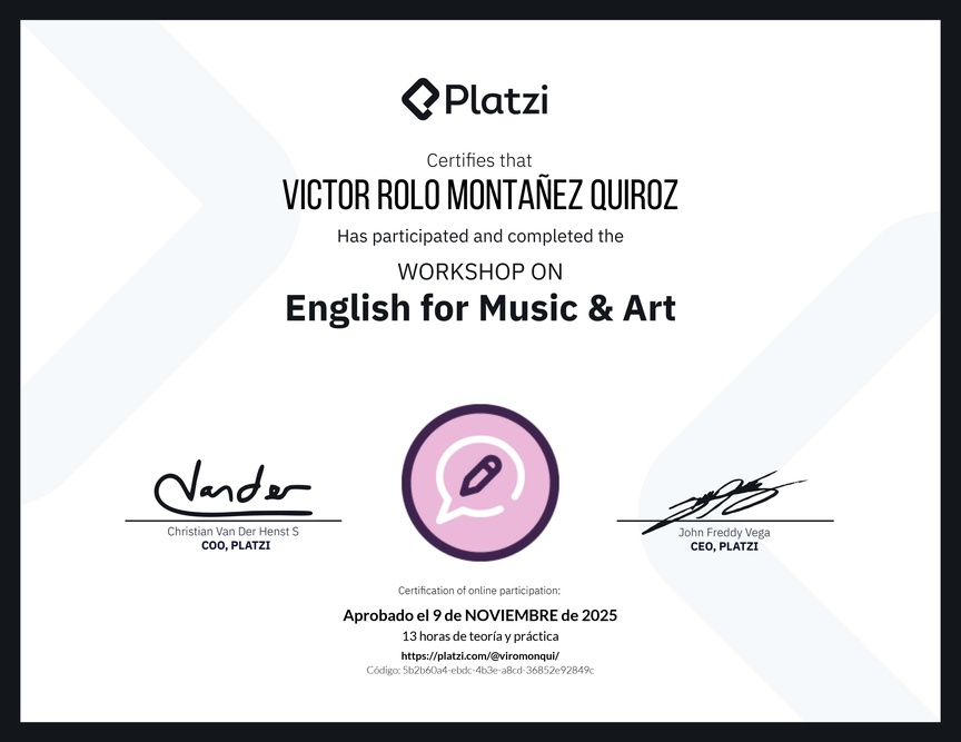 Diploma del Curso de Inglés Práctico sobre Vocabulario de Música y Arte