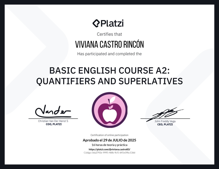 Diploma del Curso de Inglés Básico A2: Cuantificadores y Superlativos