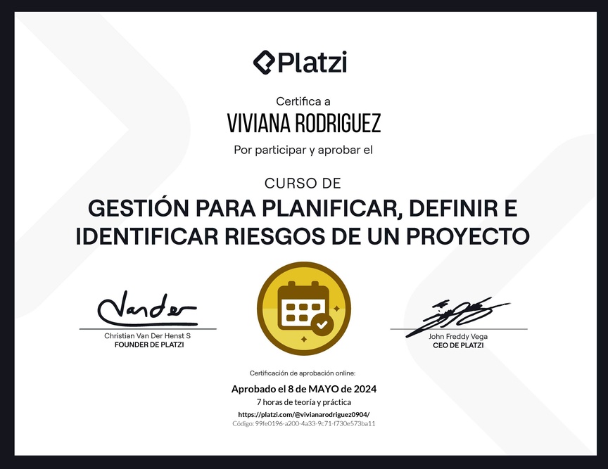 Diploma del Curso de Gestión para Planificar, Definir e Identificar Riesgos de un Proyecto