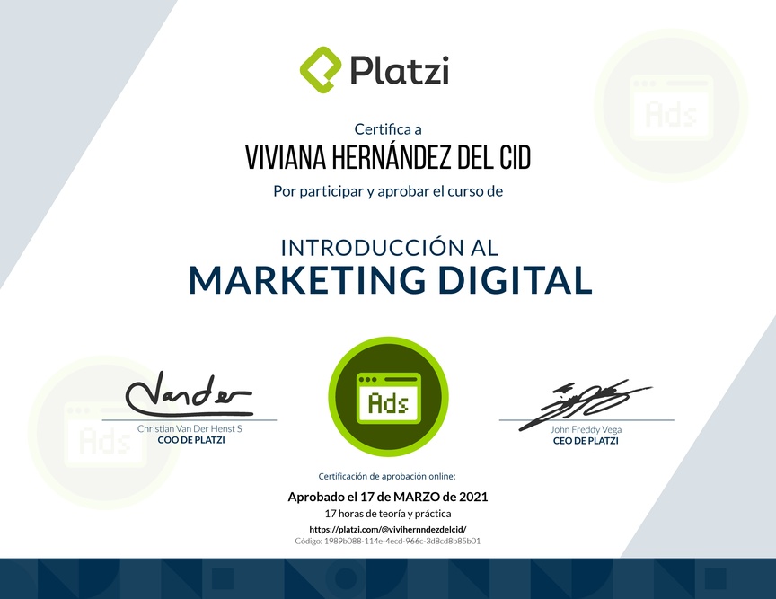 Diploma del Curso de Introducción al Marketing Digital (2018)