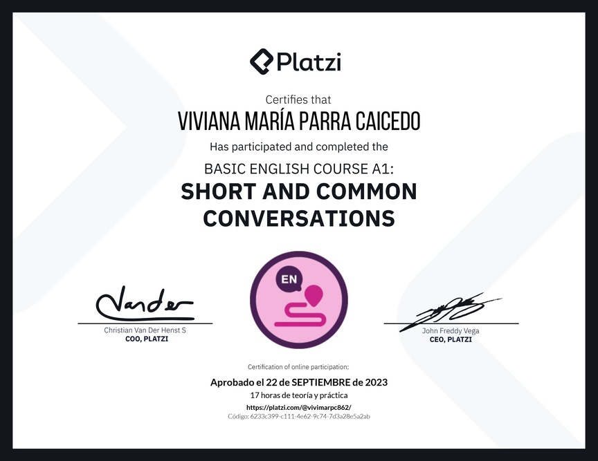 Diploma del Curso de Inglés Básico A1: Conversaciones Cortas y Habituales (2020)