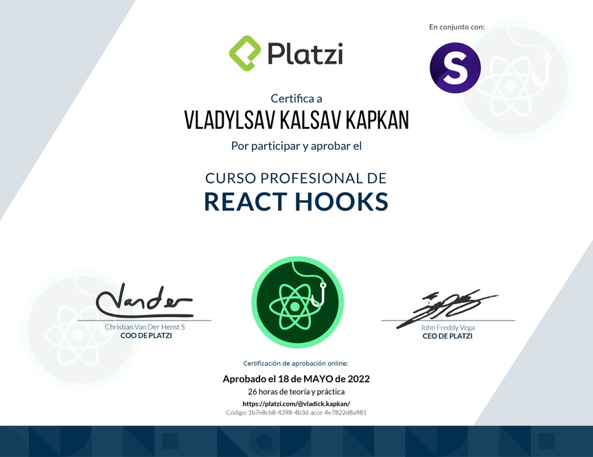 Diploma del Curso Profesional de React Hooks
