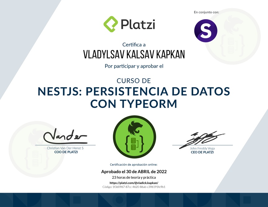 Diploma del Curso de NestJS: Persistencia de Datos con TypeORM