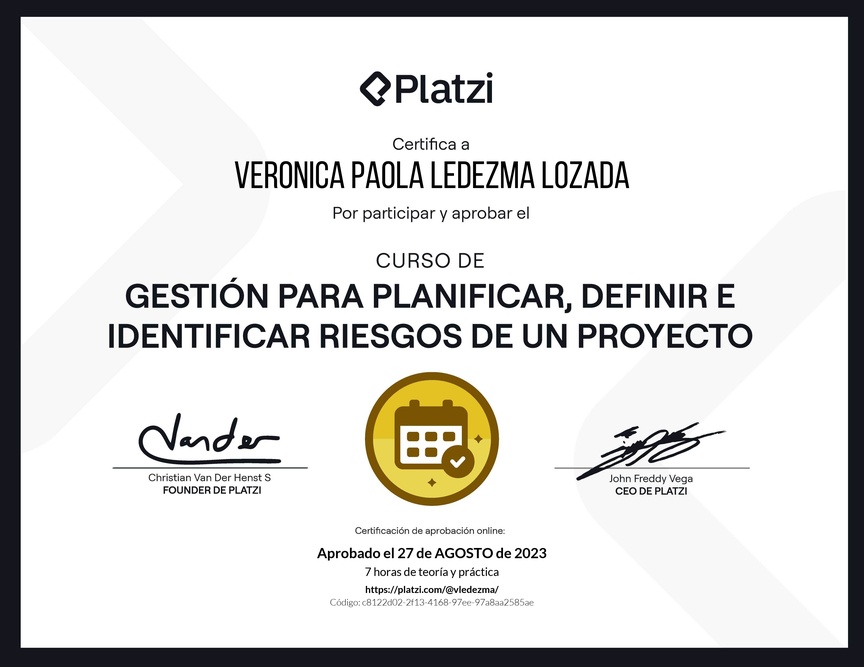Diploma del Curso de Gestión para Planificar, Definir e Identificar Riesgos de un Proyecto