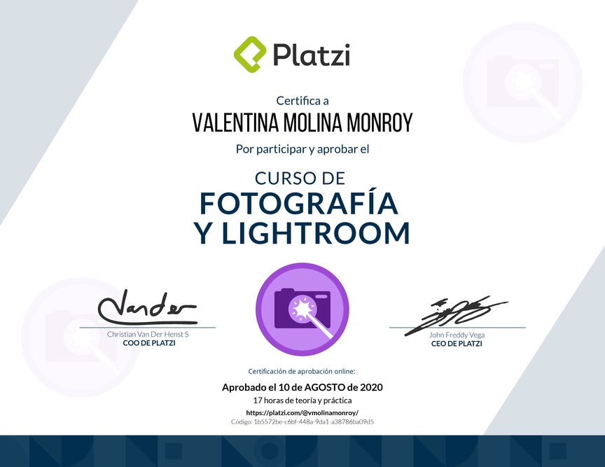 Diploma del Curso de Fotografía y Lightroom 2017