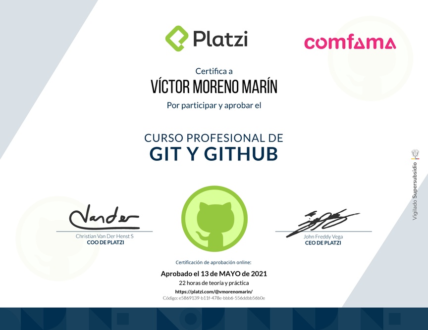 Diploma del Curso Profesional de Git y GitHub