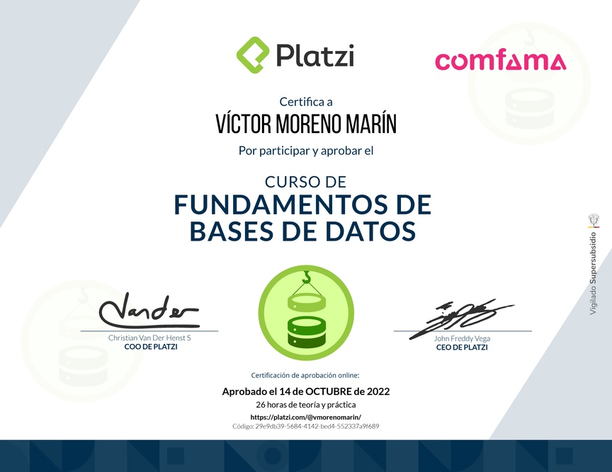 Diploma del Curso de Fundamentos de Bases de Datos 2019