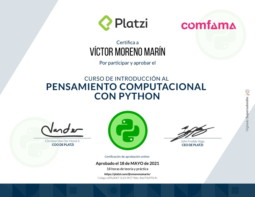 Diploma del Curso de Introducción al Pensamiento Computacional con Python