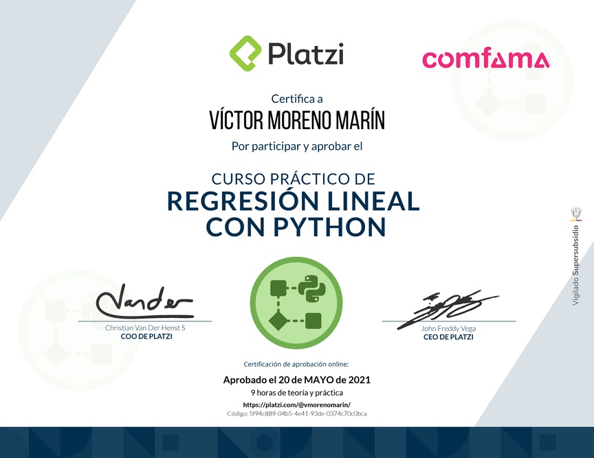 Diploma del Curso Práctico de Regresión Lineal con Python