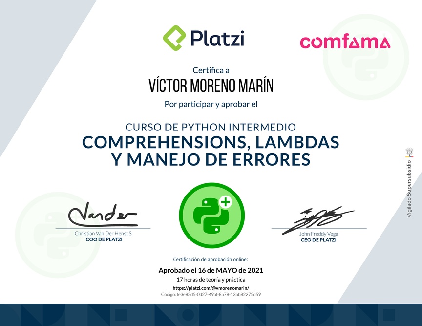 Diploma del Curso de Python Intermedio: Comprehensions, Lambdas y Manejo de Errores
