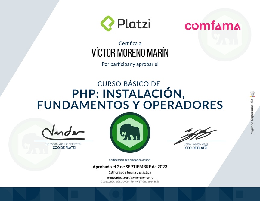 Diploma del Curso Básico de PHP: Instalación, Fundamentos y Operadores
