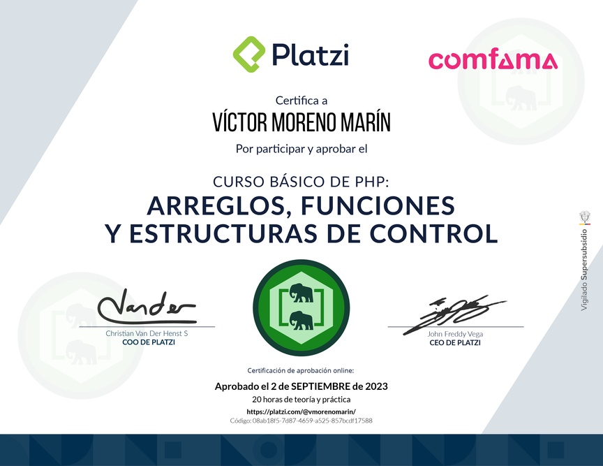 Diploma del Curso de PHP: Arreglos, Funciones y Estructuras de Control