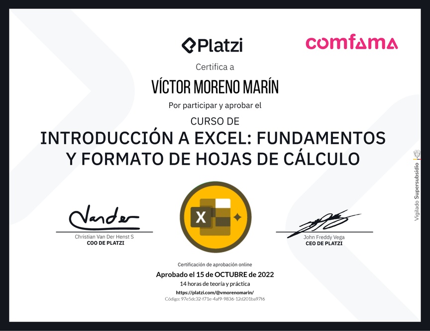 Diploma del Curso de Introducción a Excel para Principiantes: Fundamentos y Formato de Hojas de Cálculo