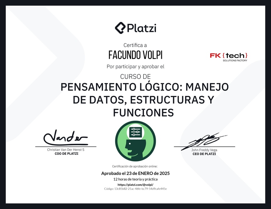 Diploma del Curso de Pensamiento Lógico: Manejo de Datos, Estructuras y Funciones