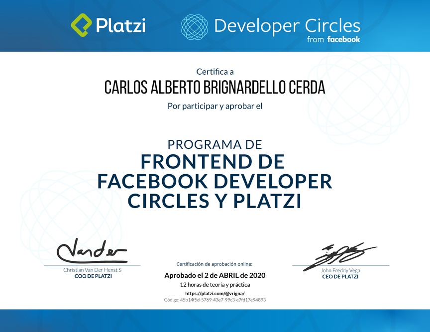 Diploma de Beca Facebook Developer Circles y Platzi