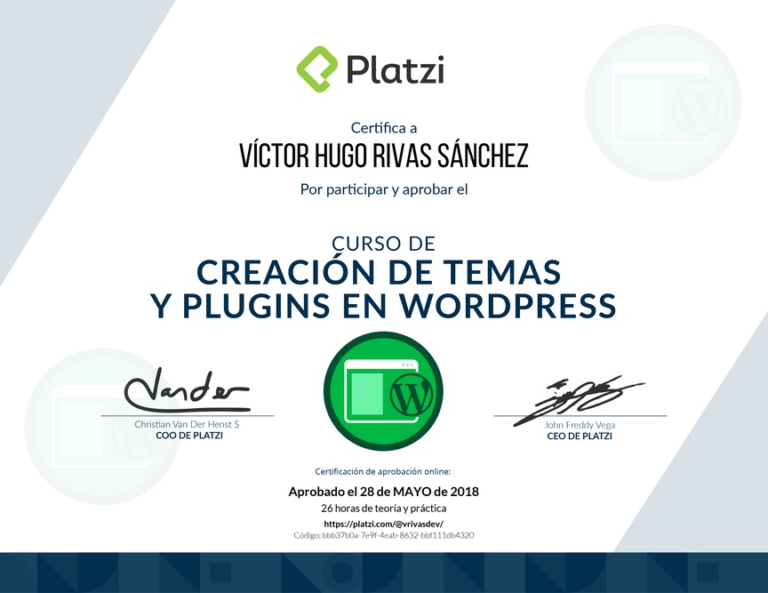 Diploma del Curso de Creación de Temas y Plugins en WordPress