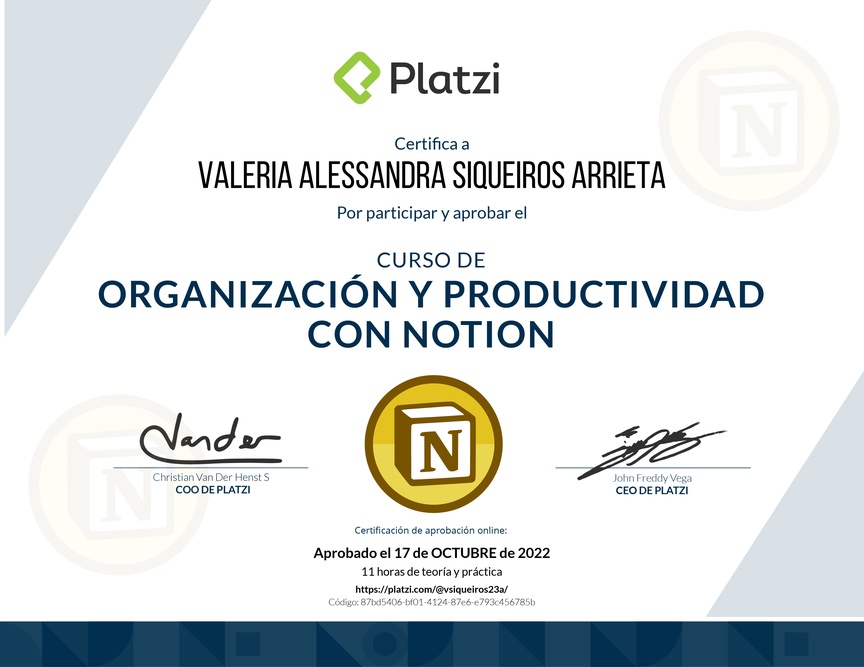 Diploma del Curso de Organización y Productividad con Notion (2021)