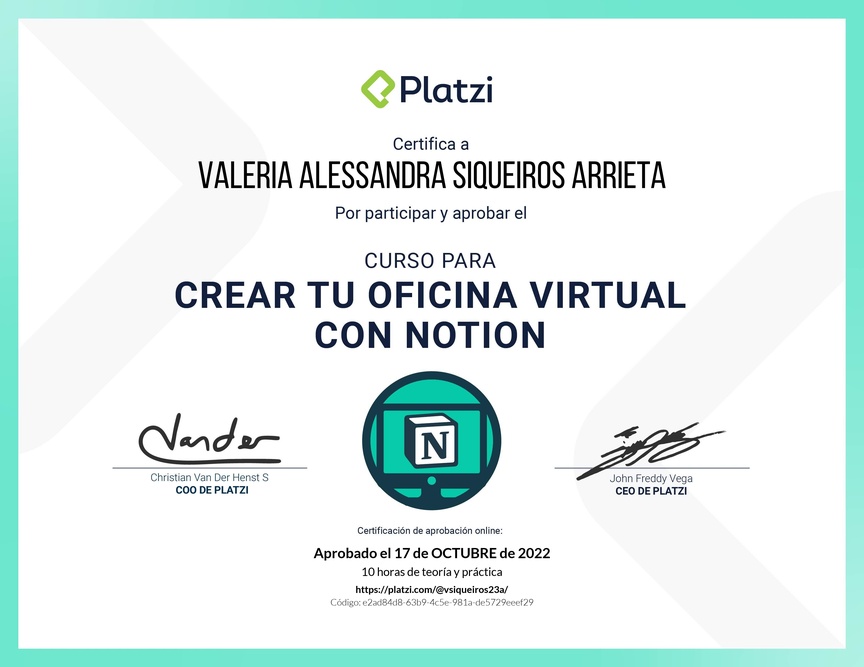 Diploma del Curso para Crear tu Oficina Virtual con Notion