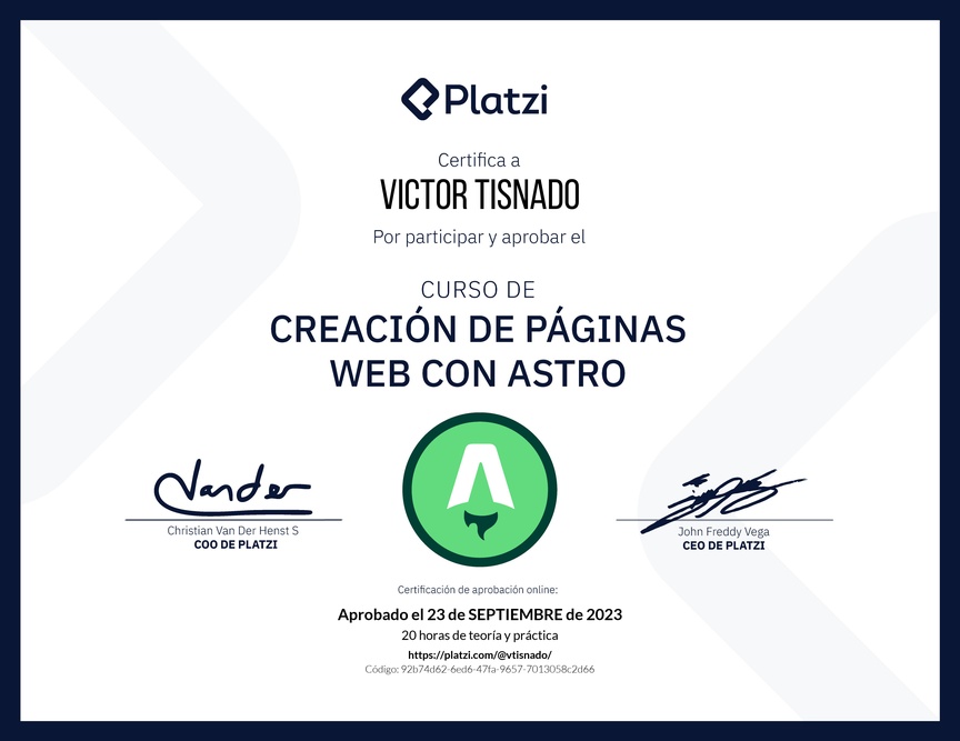 Diploma del Curso de Creación de Páginas Web con Astro