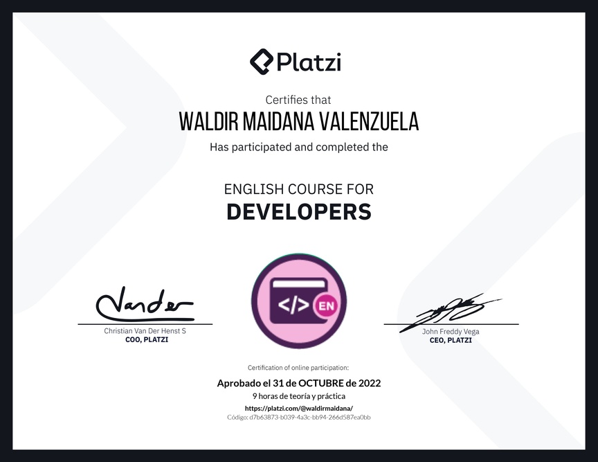 Diploma del Curso de Inglés para Programadores