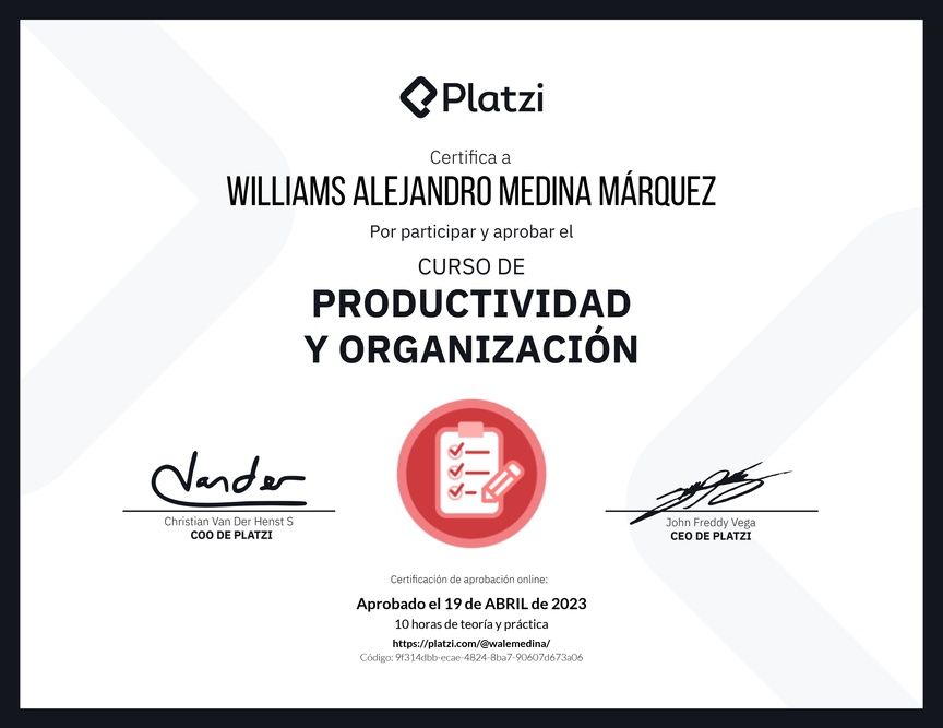 Diploma del Curso de Productividad y Organización