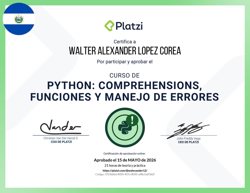 Diploma del Curso de Python: Comprehensions, Funciones y Manejo de Errores