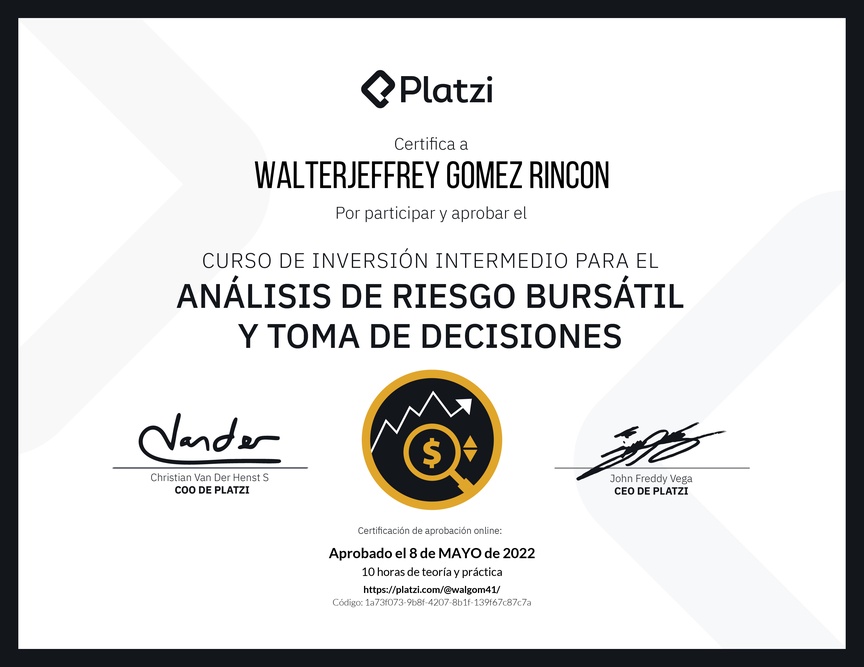 Diploma del Curso de Inversión Intermedio para el Análisis de Riesgo Bursátil y Toma de Decisiones