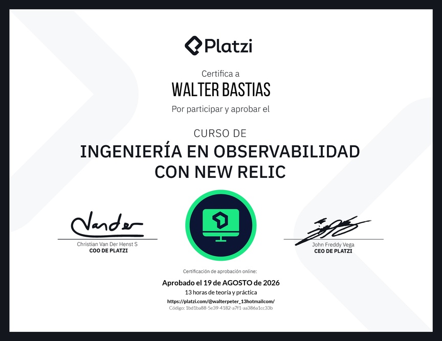 Diploma del Curso de Ingeniería en Observabilidad con New Relic