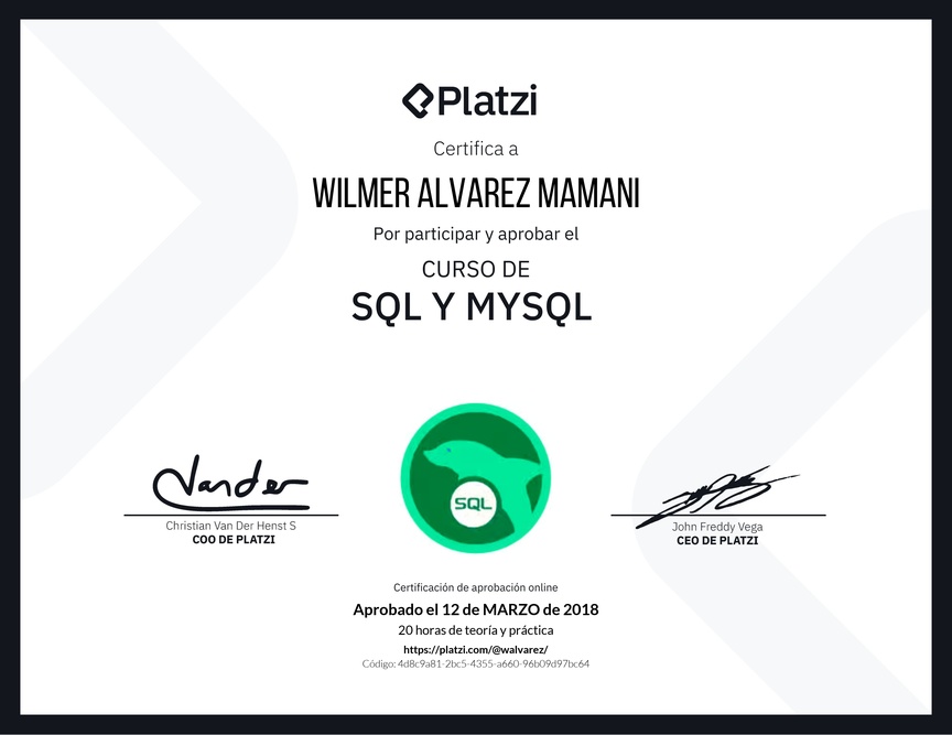 Diploma del Curso de SQL y MySQL 2016