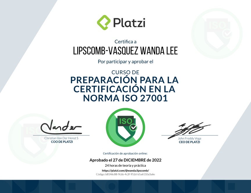 Diploma del Curso de Preparación para la Certificación en la Norma ISO 27001 (2020)