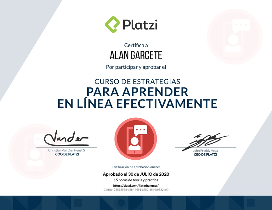 Diploma del Curso de Estrategias para Aprender en Línea Efectivamente 2019