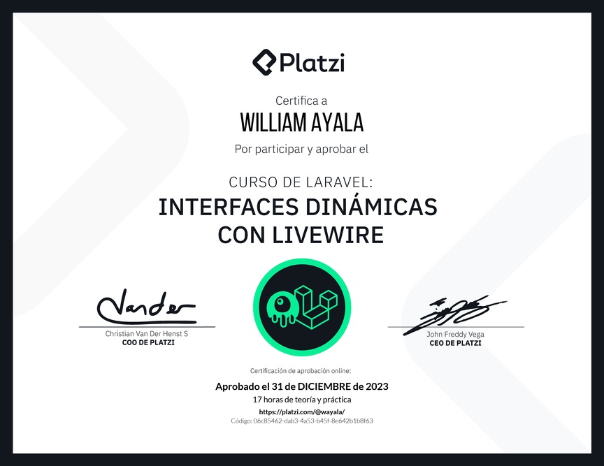 Diploma del Curso de Interfaces Dinámicas con Laravel Livewire