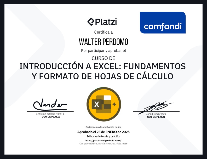 Diploma del Curso de Introducción a Excel para Principiantes: Fundamentos y Formato de Hojas de Cálculo