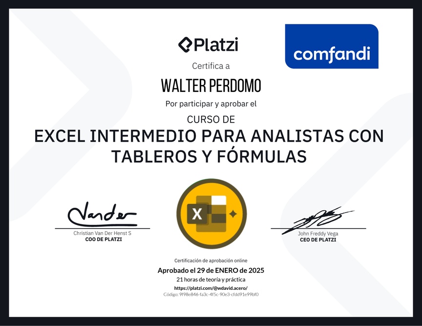Diploma del Curso de Excel Intermedio para Analistas con Tableros y Fórmulas