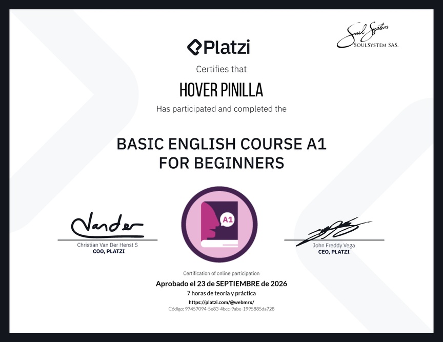 Diploma del Curso de Inglés Básico A1 para Principiantes