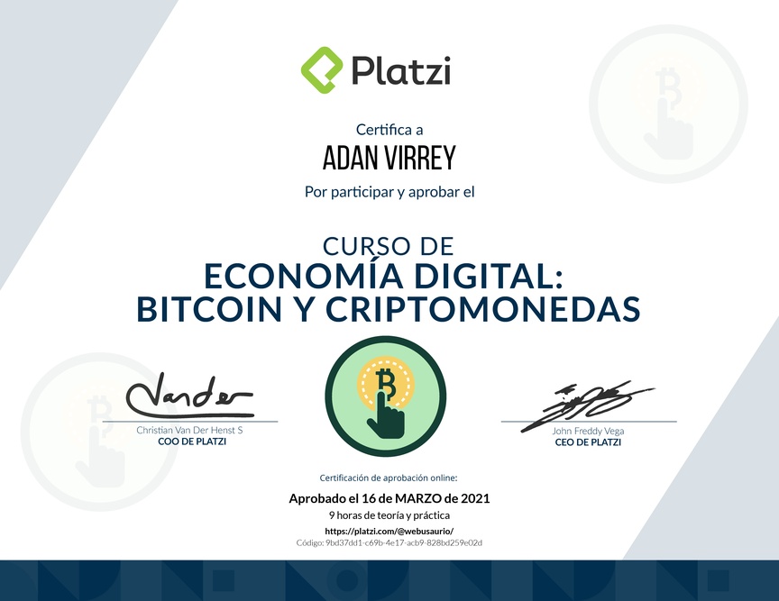 Diploma del Curso de Lectura Economía Digital: Bitcoin y Criptomonedas