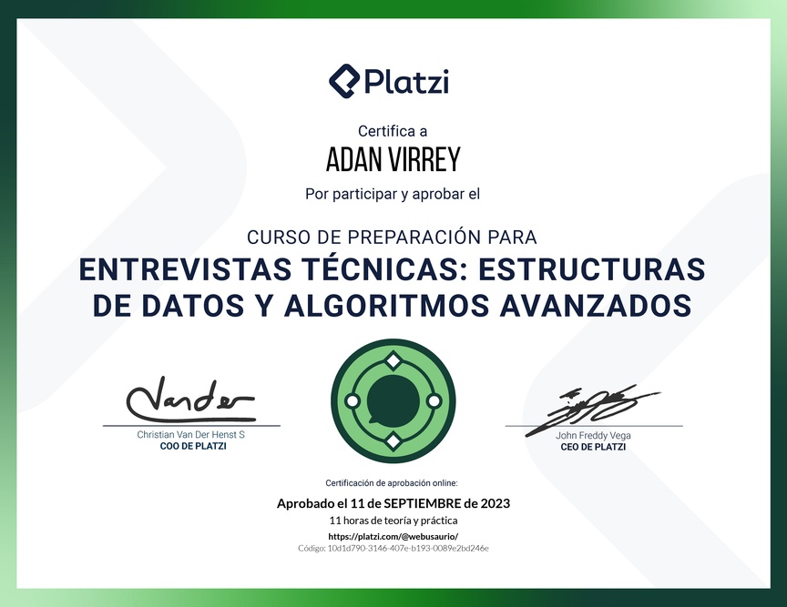Diploma del Curso de Entrevistas Técnicas: Estructuras de Datos y Algoritmos Avanzados