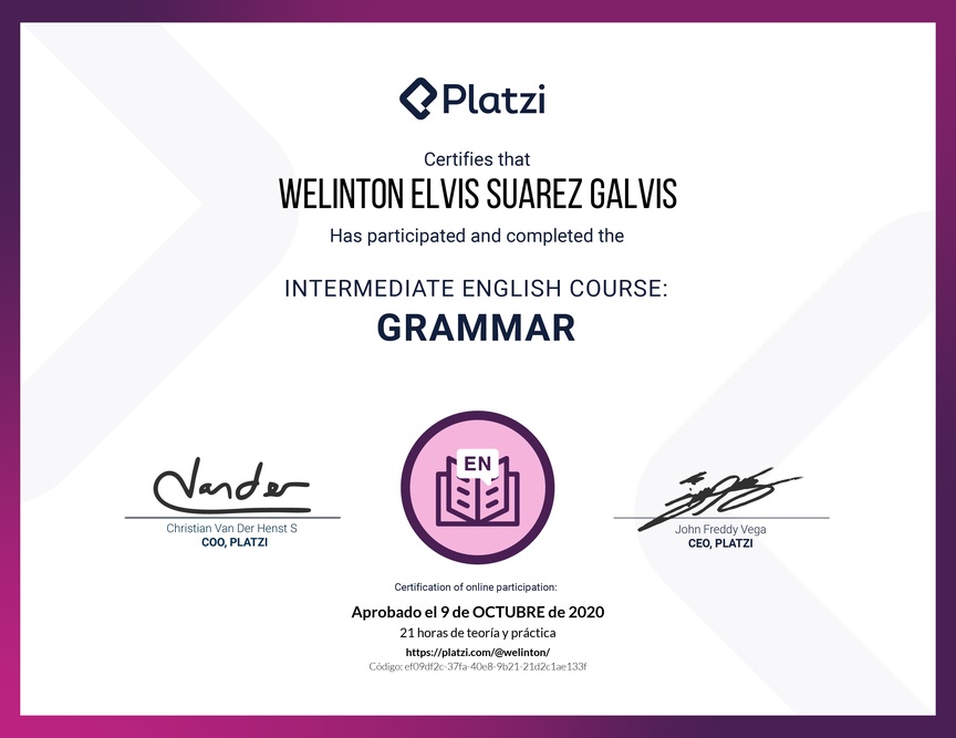 Diploma del Curso Intermedio de Gramática en Inglés (2020)
