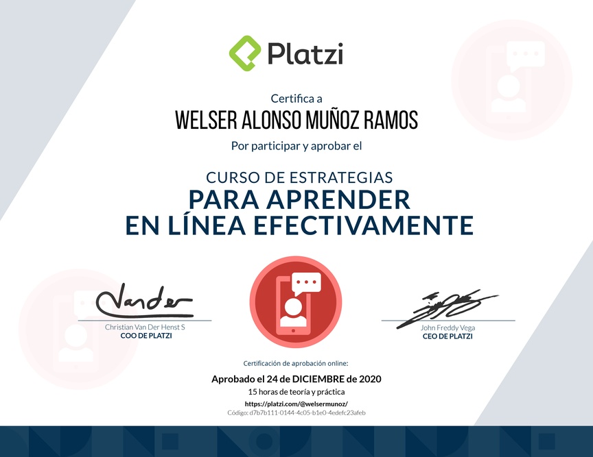 Diploma del Curso de Estrategias para Aprender en Línea Efectivamente 2019