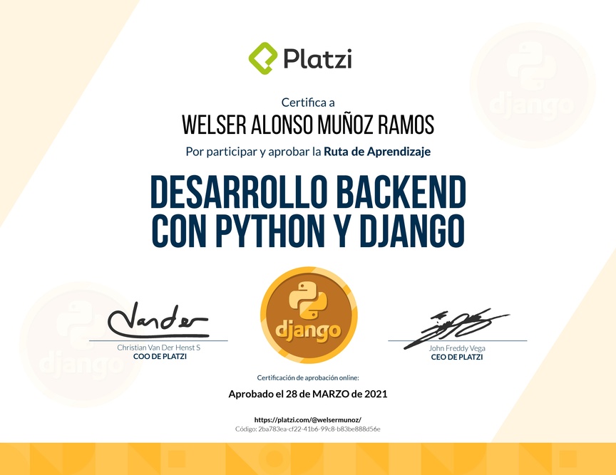 Diploma de la Ruta de Aprendizaje de Desarrollo Backend con Python y Django