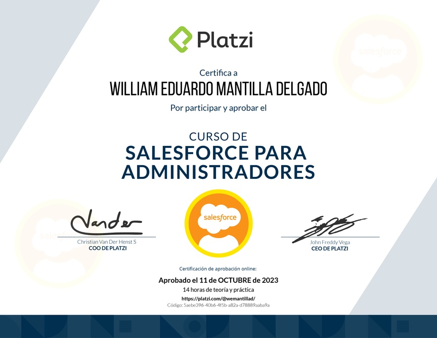 Diploma del Curso de Salesforce para Administradores