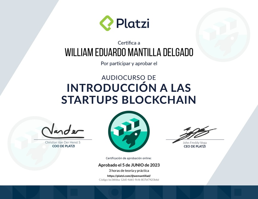 Diploma de Audiocurso de Introducción a las Startups Blockchain