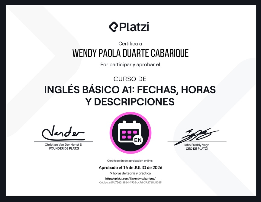 Diploma del Curso de Inglés Básico A1: Fechas, Horas y Descripciones