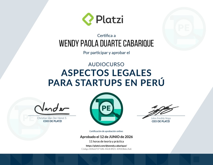 Diploma de Audiocurso Aspectos Legales para Startups en Perú