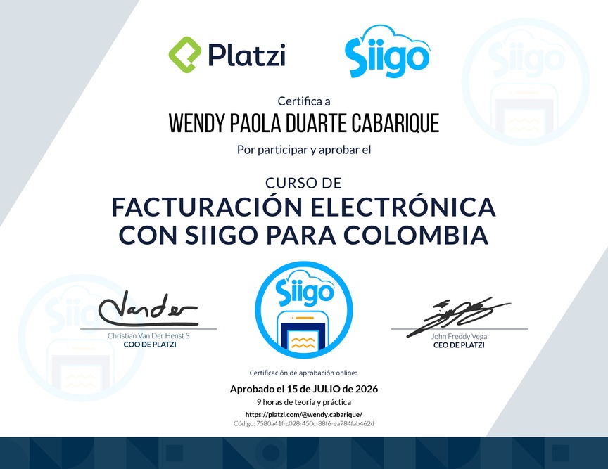 Diploma del Curso de Facturación Electrónica con Siigo para Colombia